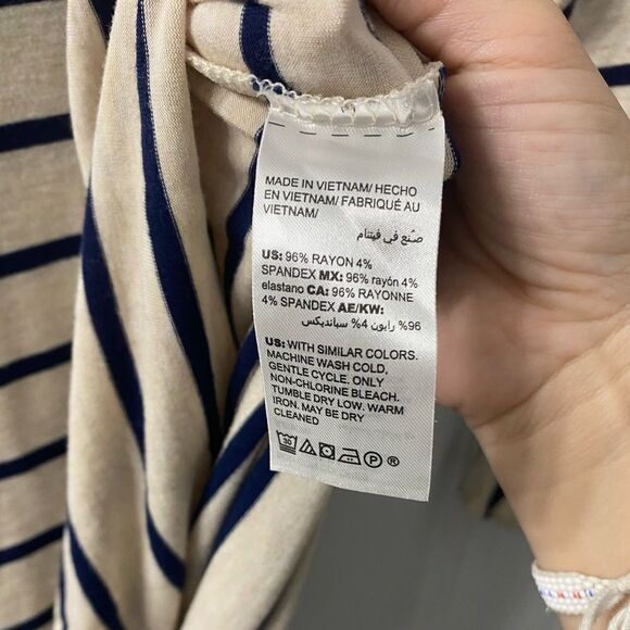 Chicos Beige Striped Ruffle Elbow-Sleeve Top Round Neck Rayon Blend 1 medium - Picture 8 of 12